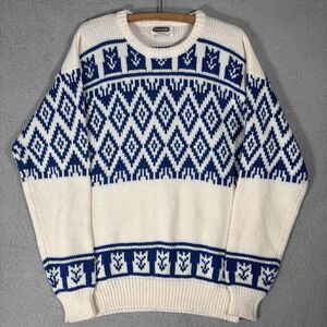 Vintage Shelter Bay By Arrow Sweater Men’s XL White Blue Fair Isles Cozy Retro
